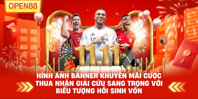 Hình ảnh banner khuyến mãi Cược Thua Nhận Giải Cứu sang trọng với biểu tượng hồi sinh vốn